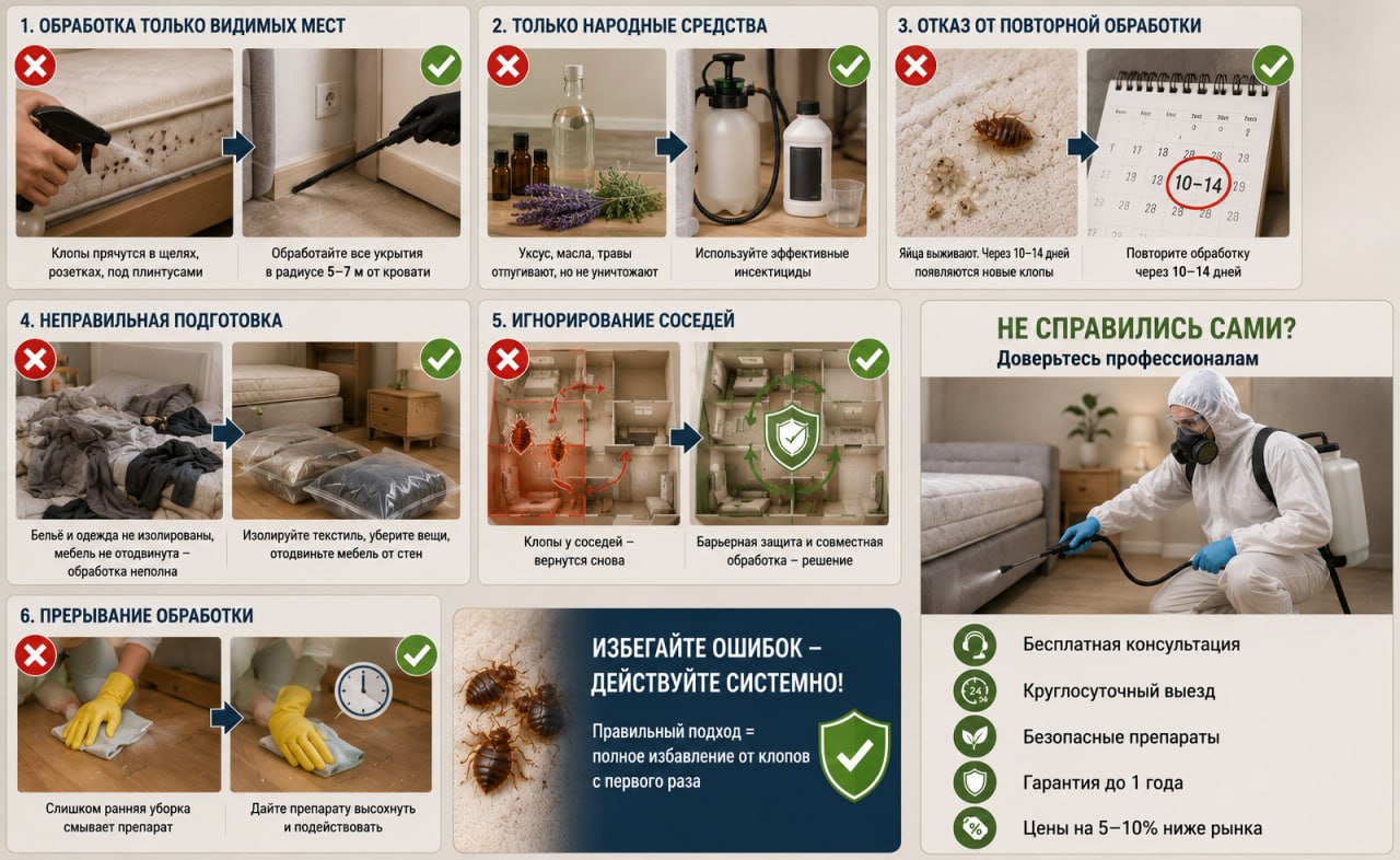 Типичные ошибки, которые мешают избавиться от клопов с первого раза